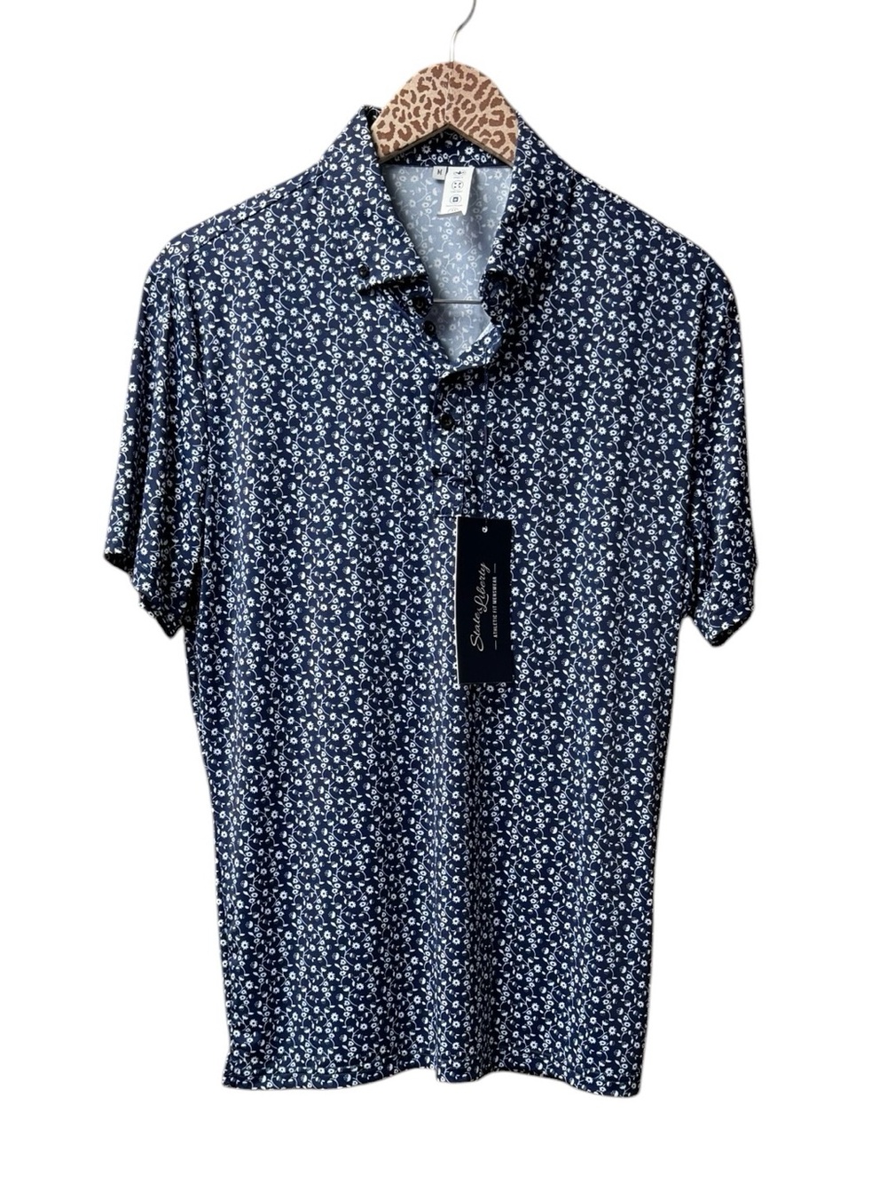 State & Liberty Mens Short Sleeve Camden Polo Floral Navy Blue White Medium NEW